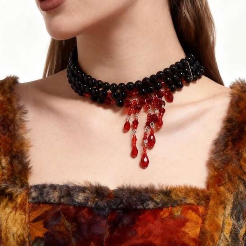 Halloween Black & Red Beaded gothic multi strand Necklace